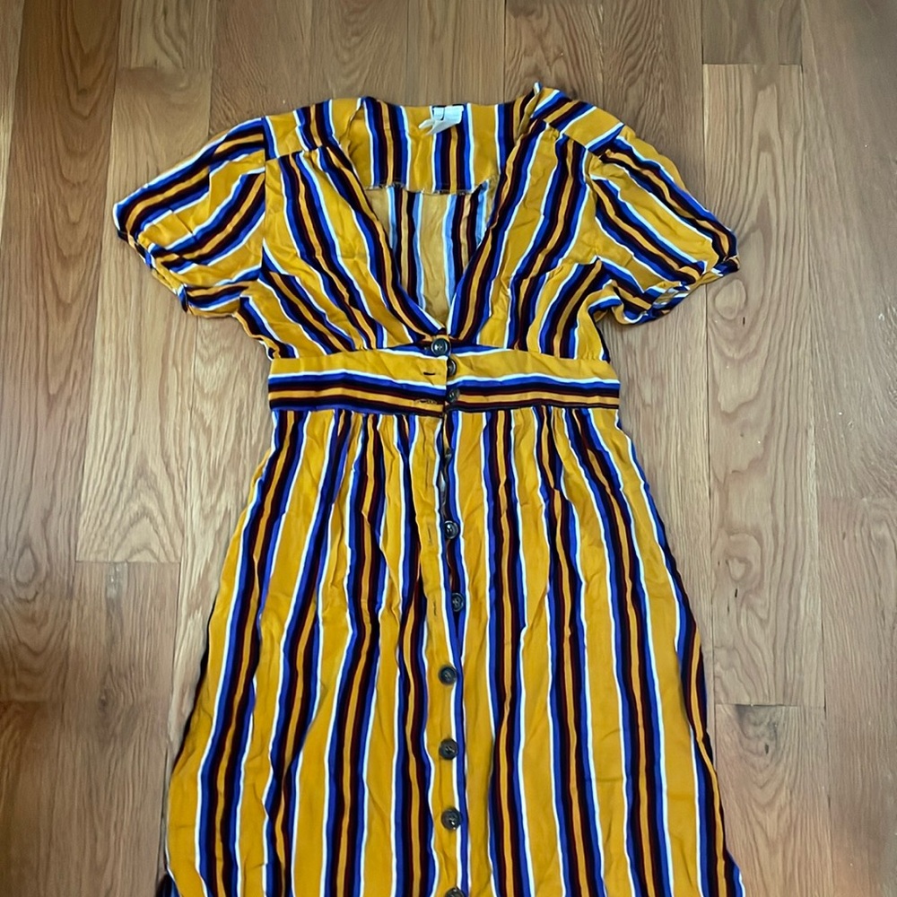 Striped Buttoned V-neck Dress